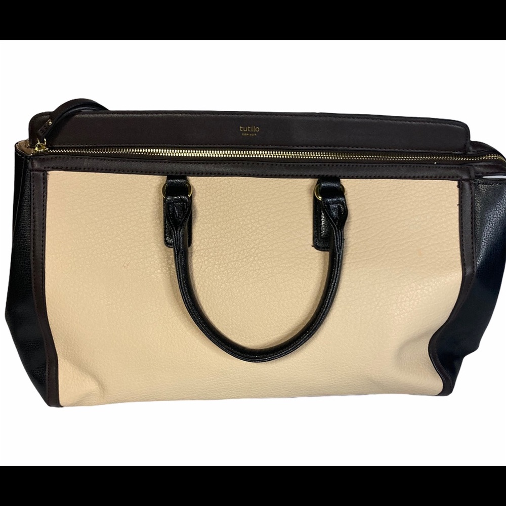 Tutilo Tan Black Laptop Leather Pebbled Tote Bag.